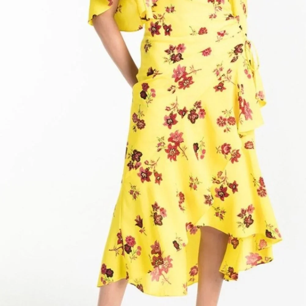 A.L.C Silk Florence Floral Ruffles Asymmetrical Midi Dress Linsey Yellow XS $675